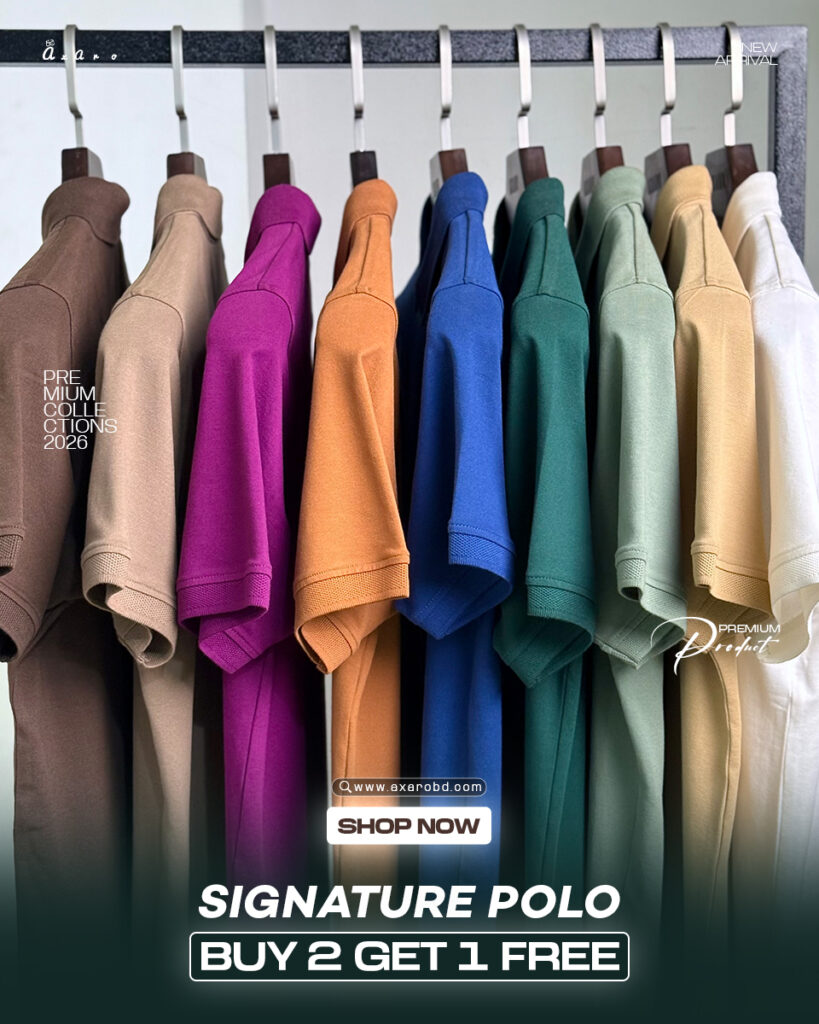 A display of colorful polo shirts hanging on a rack, showcasing various hues including tan, purple, orange, blue, green, and white. The text on the image promotes a 'Buy 2 Get 1 Free' offer on signature polos.